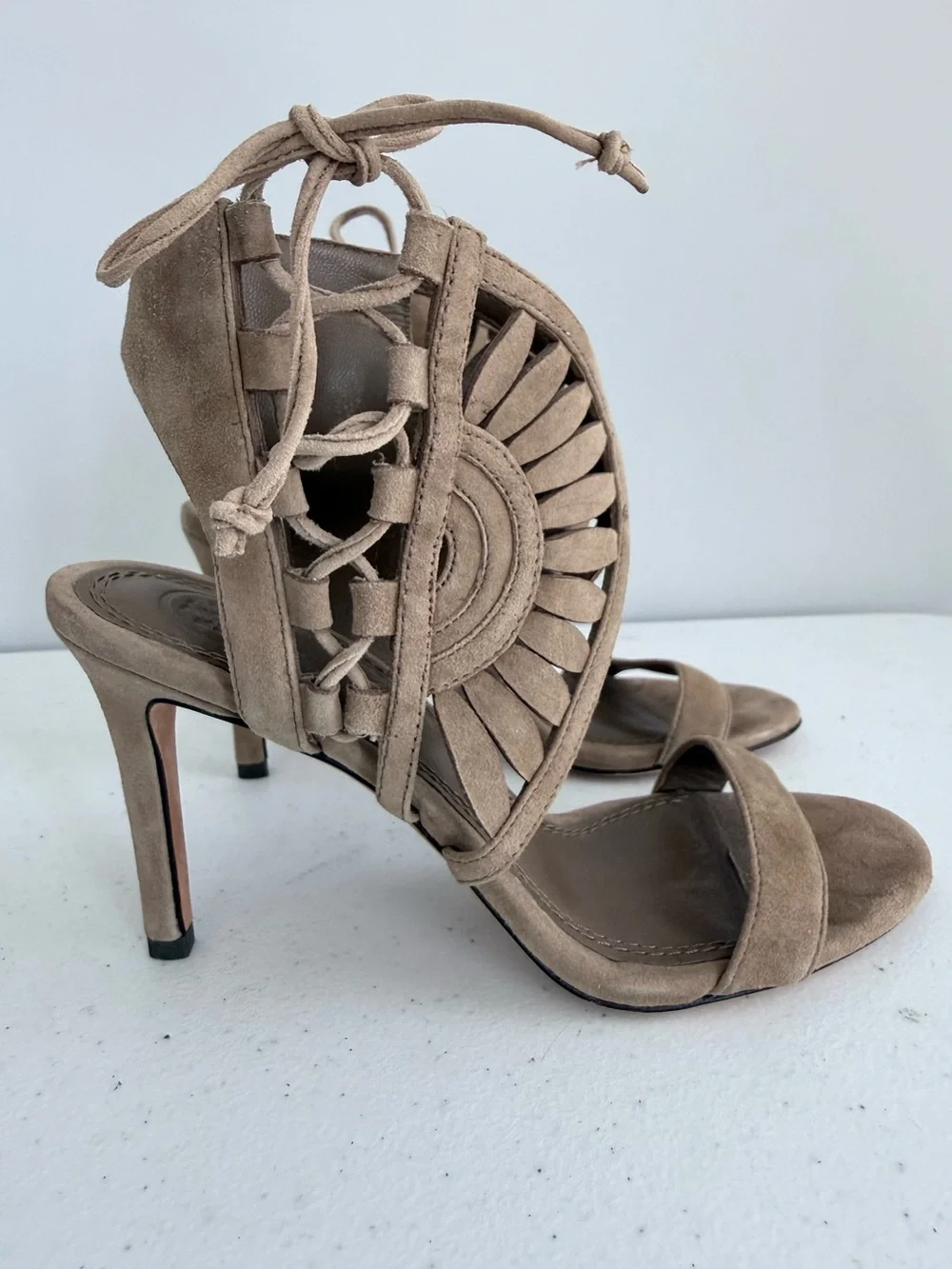 Tory Burch Brown Suede Lace Up Strappy Stiletto Sandals Cutout Heels Size 5
